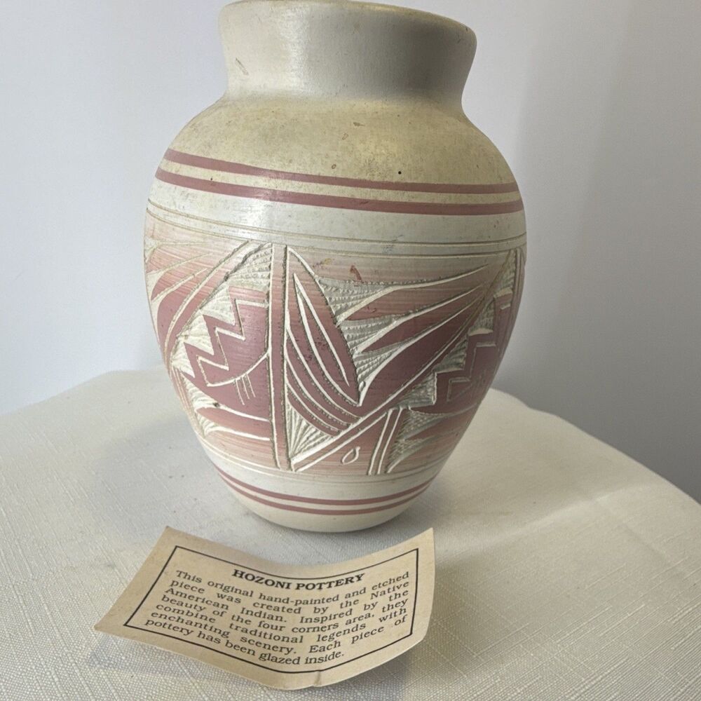 Vintage Hozoni Pottery Southwestern Etched Ceramic Vase with Original Card